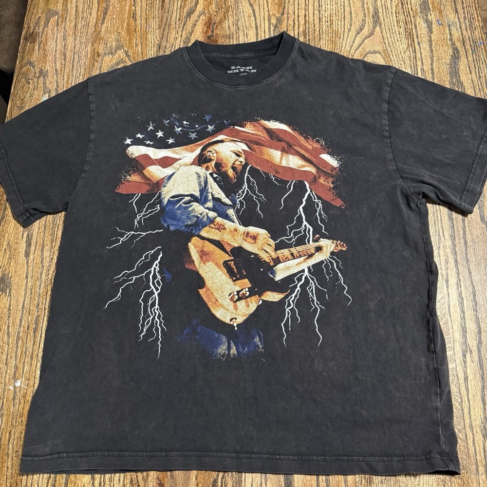 Zach Bryan Tour Merch Shirt Lightening American Flag Size Large Sun-Fade Worn In