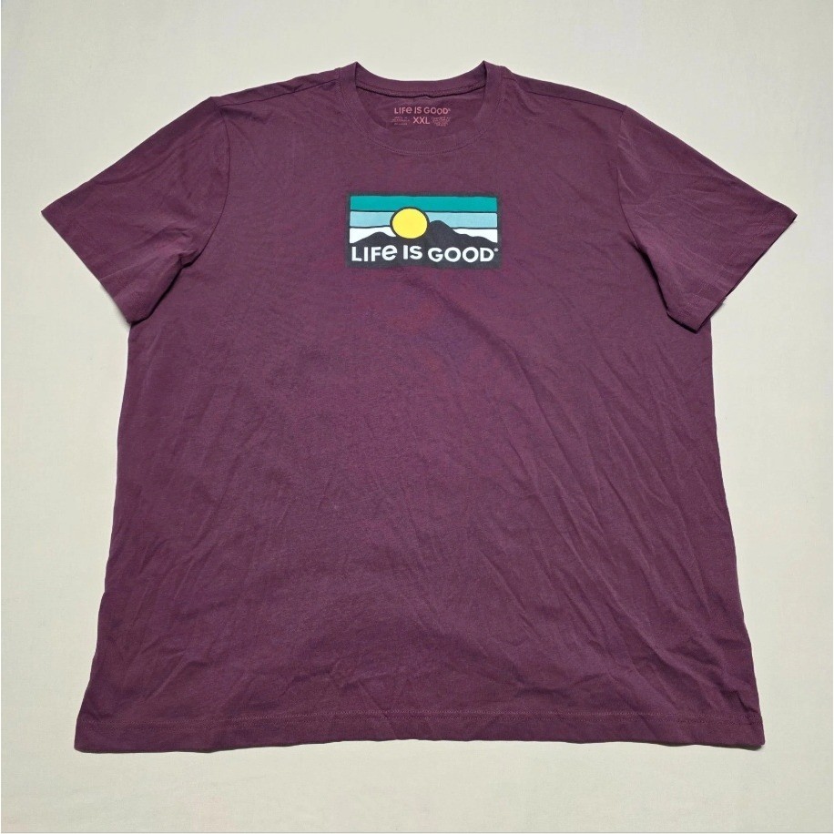 Life is Good Men XXL T-Shirt Plum Maroon Mountain Sun Graphic Print 100% Cotton