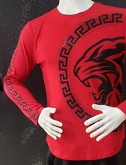 Men’s Italian Fashion Long Sleeve Red T-shirt black Panther rhinestone Greek key