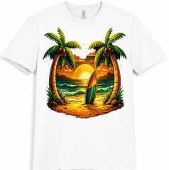 Tropical Beach T-Shirt Sunset Surfboard Graphic Palm Trees Ocean Summer tee