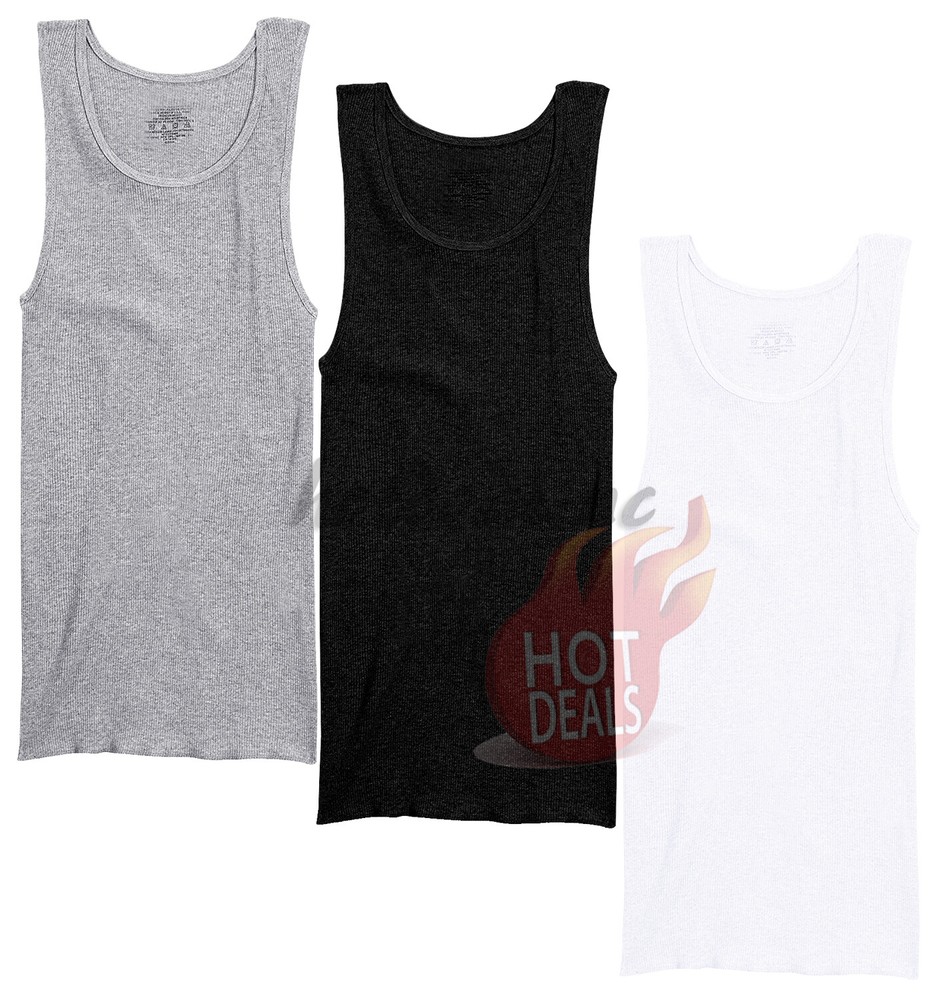 3 Pack Men’s Black/Gray/White 100% Cotton Tank Top A-Shirt Ribbed Undershirt