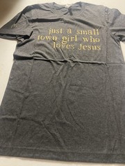 Heather Dark Gray short sleeve t-shirt with Gold “Just a Small Town Girl …” logo