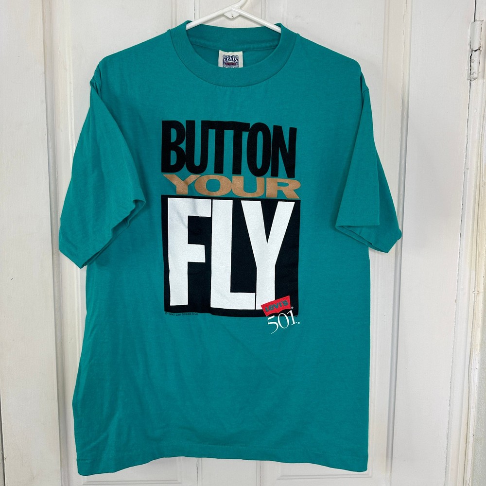 Vintage Levis 501 “Button Your Fly” Tee 90s Single Stitch T Shirt Teal Med Vtg