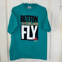 Vintage Levis 501 “Button Your Fly” Tee 90s Single Stitch T Shirt Teal Med Vtg