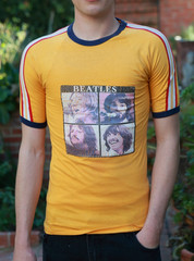 Vintage 70s Beatles M 38-40 Ringer T Healthknit T-shirt Yellow Stripes