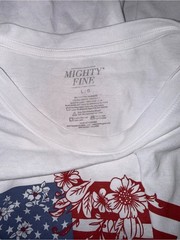 783-Mighty Fine White Tee with Red & Blue Floral Flag Graphic