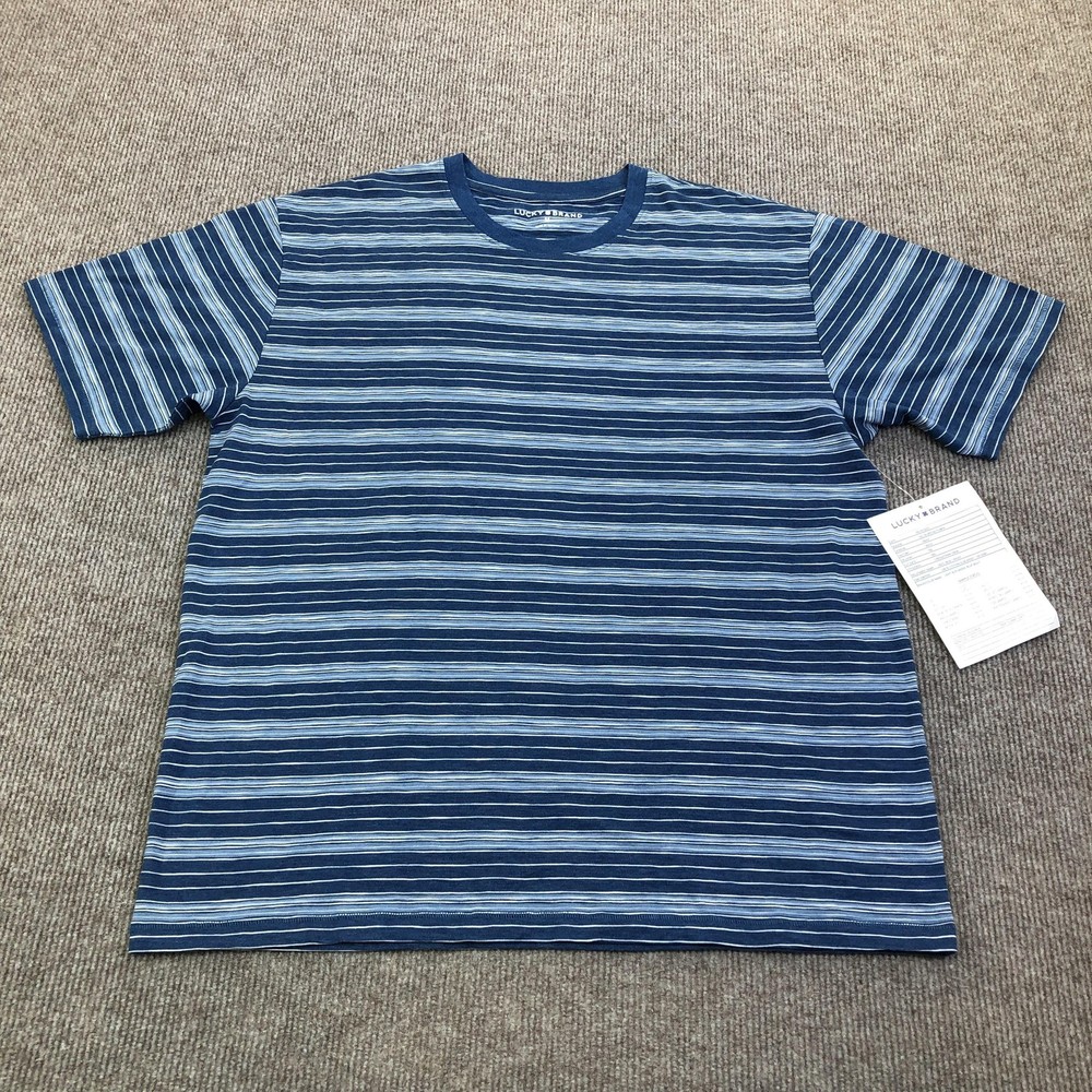 Lucky Brand Shirt Mens Medium Blue Stripe Tee Tagless Cotton Jersey Sample