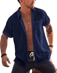 Men’s Short Sleeve Button-Up Linen Cotton Beach Shirt – Spread Collar Tops