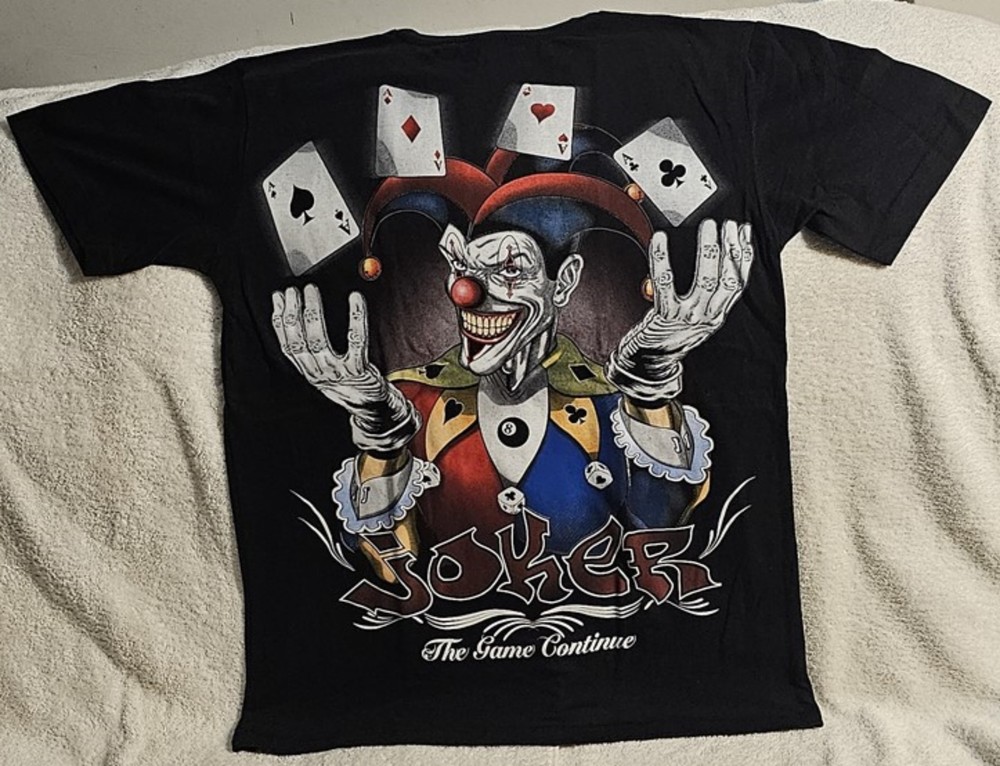 JOKER CARD ACES SPADE DICE EIGHT BALL GAMBLE CLOWN THE GAME CONTINUE T-SHIRT