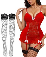 Sexy Stocking Garter Belt Red Lingerie Set for Women Lace Up Corset Babydoll …