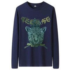Fashion Leopard Rhinestones Diamond Long Sleeve Luxury Men Trend Cotton T-Shirt