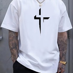 Men T Shirt 100% Cotton Round Neck Short Sleeve Cross Print Plus Size Loose Fit