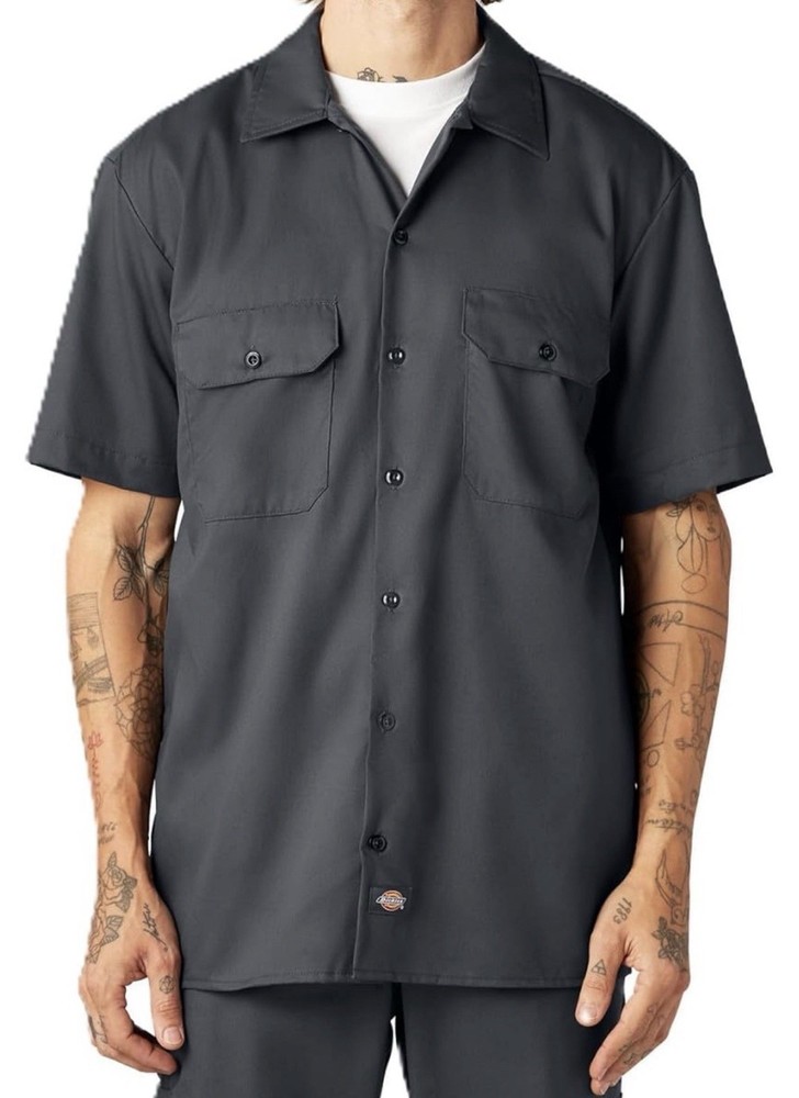 DICKIES FLEX Relaxed Fit Button Short Sleeve Work Shirt Men’s Sz M Charcoal NWT