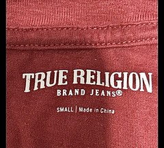 True Religion Buddha Graphic SS Tee Mens S Red Silver Metallic Foil Logo T-Shirt