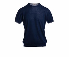 CASHMERE COMPANY MENS SHIRT BLUE T-SHIRT SHORT SLEEVE LINEN & COTTON MADE ITALY