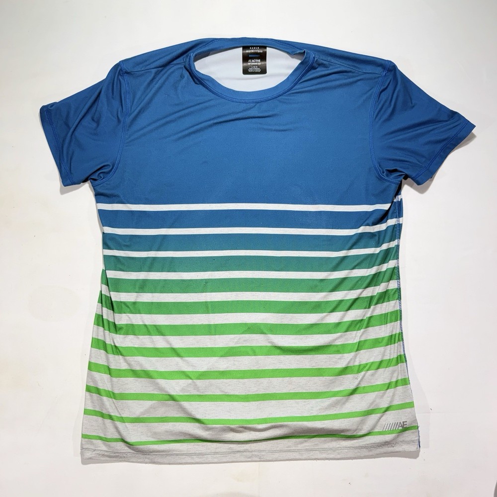 American Eagle Outfitters AE Active Flex Men’s Blue Green Striped T-Shirt