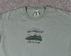 Life Is Crap Shirt Size Men Large Green Short Sleeve Hiking Outdoor Funny Parody
