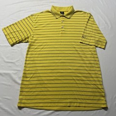 Nike Golf Polo T-Shirt Mens Large Yellow Black Dri-Fit Striped Swoosh Golfing