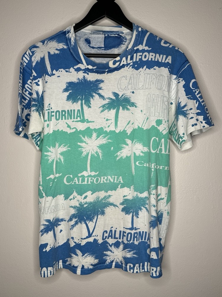 Vintage 90s California Palm Tree AOP Surf Beach T Shirt USA Single Stitch L