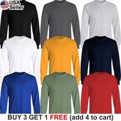 Basic Cotton T-Shirt Long Sleeve Plain Crew Neck Solid Men Youth Blank Color