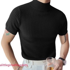 Mens Mock Turtleneck Pullover T-Shirt Knitted Sweater Slim Fit Short-Sleeve-Tee