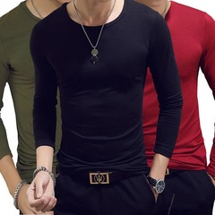 Men T Shirt Long Sleeve Slim Fit Solid Color Round Neck V Neck Cotton Top