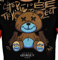 Avenue George V Paris Short Sleeves Black T-shirt Rhinestone Golden Teddy bear