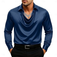 Men’s Elegant Satin Cowl Neck Blouse Long Sleeves Casual Business Dressy Shirts