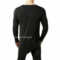 Mens Asymmetric Slit Hem Summer T-shirt Top Tee Long Sleeve Loose Pullover Shirt