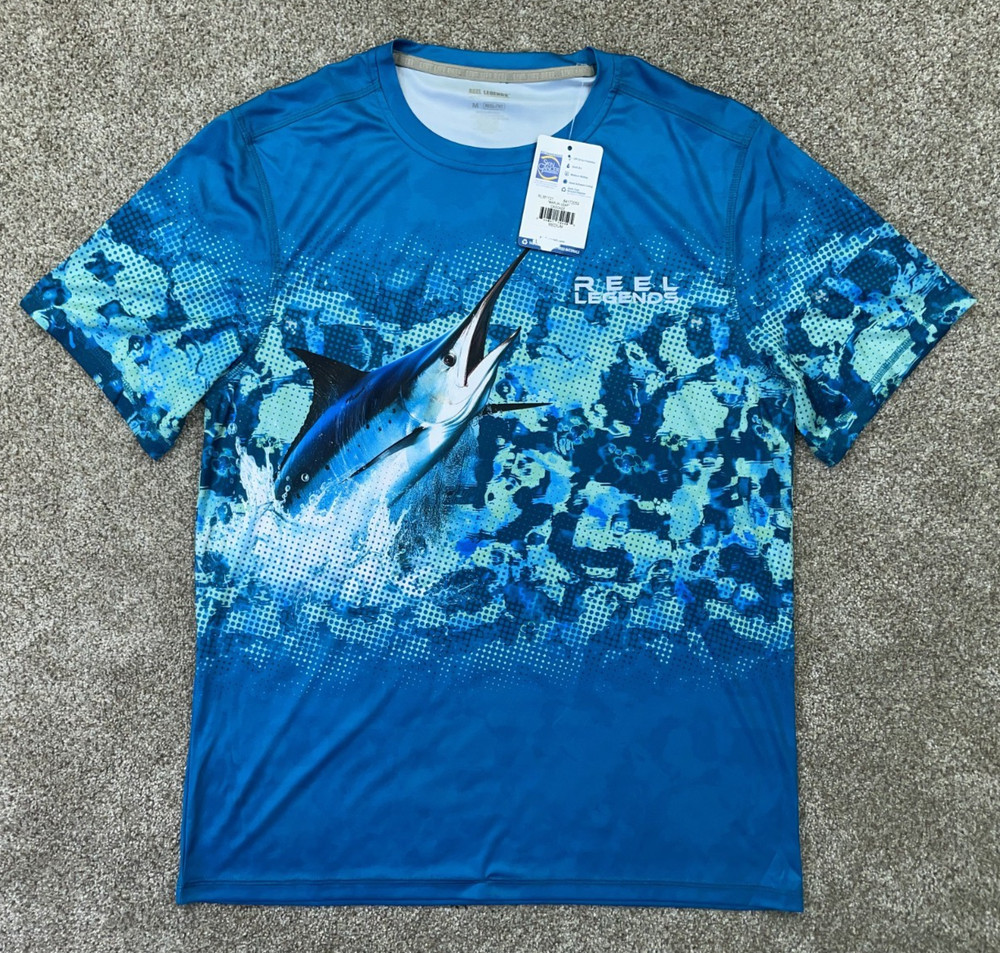 Reel Legends Shirt Men Medium Blue Marlin Reel-Tec Fishing SPF 50 New With Tags