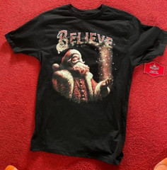 Holiday Time Mens Black Christmas Santa Believe Graphic T-shirt Size S 34-36 NWT
