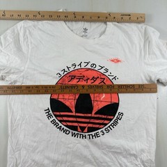 ADIDAS Japan Script Print T-Shirt Mens Small Trefoil Text Logo White Orange