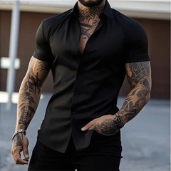 High quality men’s fitness short-sleeved shirt, business casual solid color stre