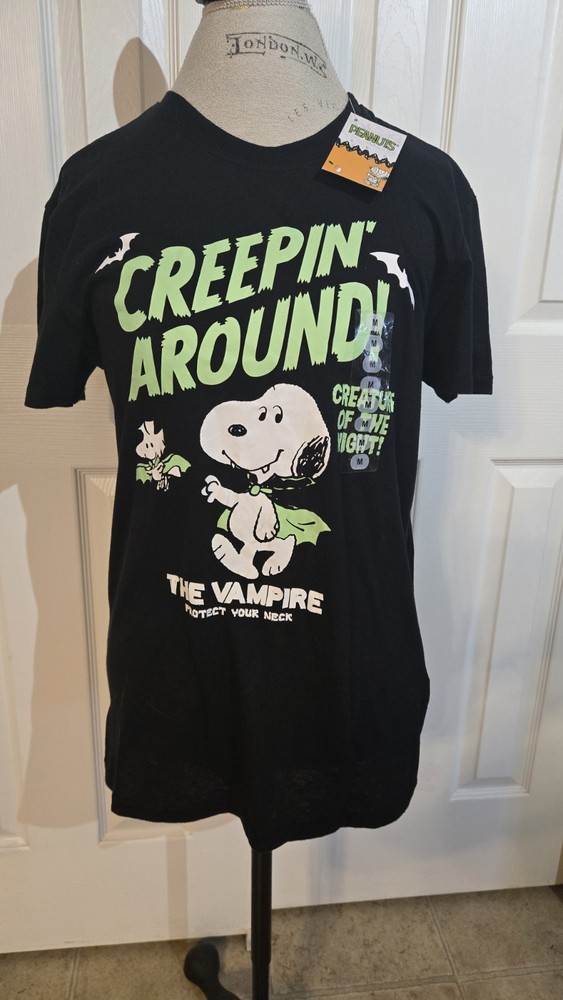 Peanuts Men’s M Black Crew Neck Short Sleeve Snoopy Woodstock Halloween T-Shirt