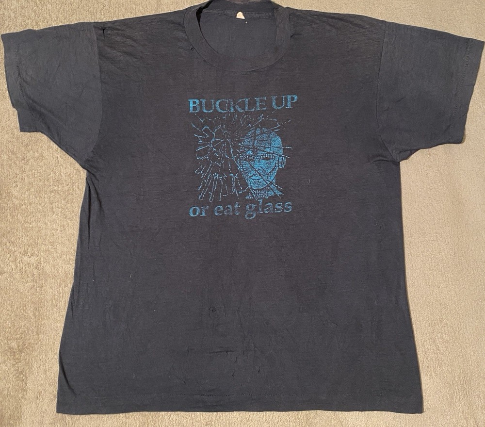 Vintage 1980s Buckle Up or Eat Glass Crash T Shirt men’s large Distressed