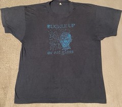 Vintage 1980s Buckle Up or Eat Glass Crash T Shirt men’s large Distressed