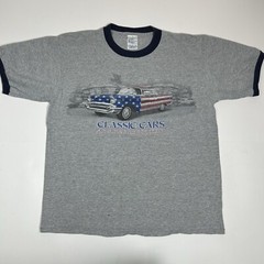 VTG Delta Pro Weight American Flag Classic Cars T-Shirt Men’s Gray Size M Flaw
