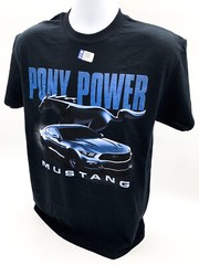 Ford Mustang T-Shirt – Black w/ Blue “Pony Power” Script & Running Pony Logo