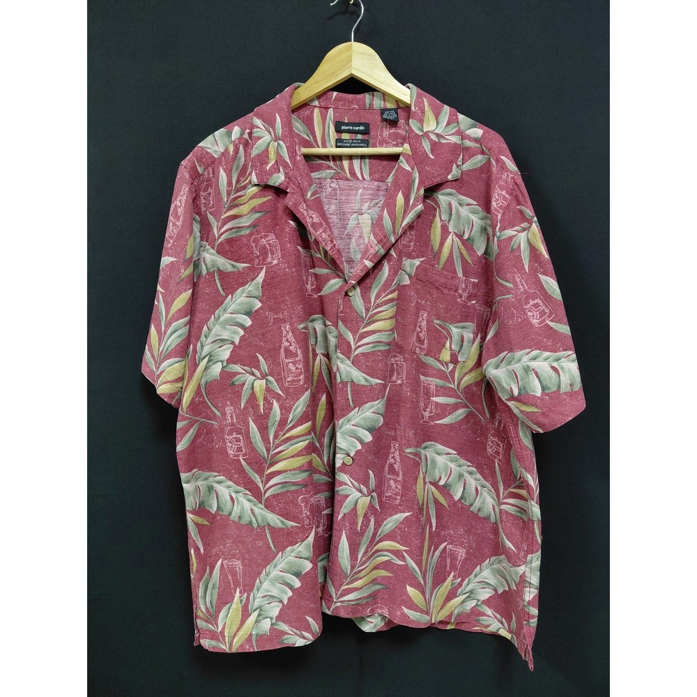 Pierre Cardin 100% Silk Hawaiian Shirt Red Leaf Print Men’s Size XXL