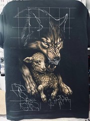 Hand Painted T-Shirt Wolf and Lamb Bleach Art Unique Handmade Size XL