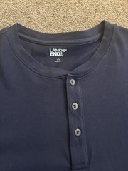 Lands’ End Men’s Navy Blue Henley Short Sleeve Cotton T-Shirt L Button Accent