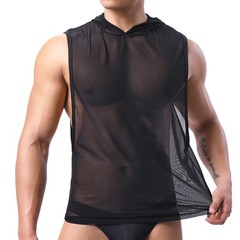 Mens Mesh Loose See-through Workout Vests Tank Tops Hooded Sleeveless T-Shirts