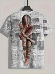 Men’S 3D Digital Female Figure Pattern & Plaid Print Crew Neck And Short Sleeve