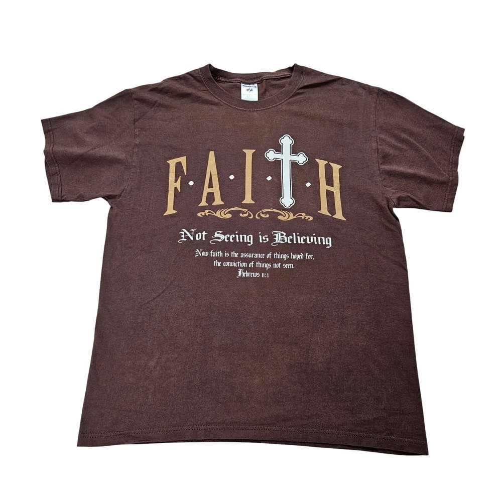 Jerzees Mens Faith Hebrews 11:1 Christian Graphic T-Shirt Brown L G Heavyweight