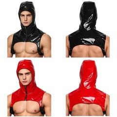 Men Muscles Vest Shirts Zipper Front Headgear Hoodies Crop Tops Shoulder Armor