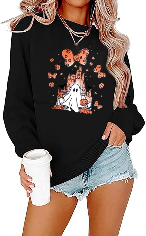Halloween Sweatshirts for Women: Oversized Ghost Castle Sweatshirt Cute Spook…