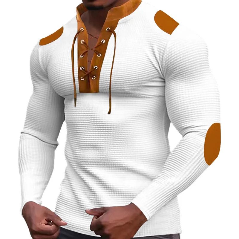 Cross-border new men’s waffle color matching strap V-neck top casual.