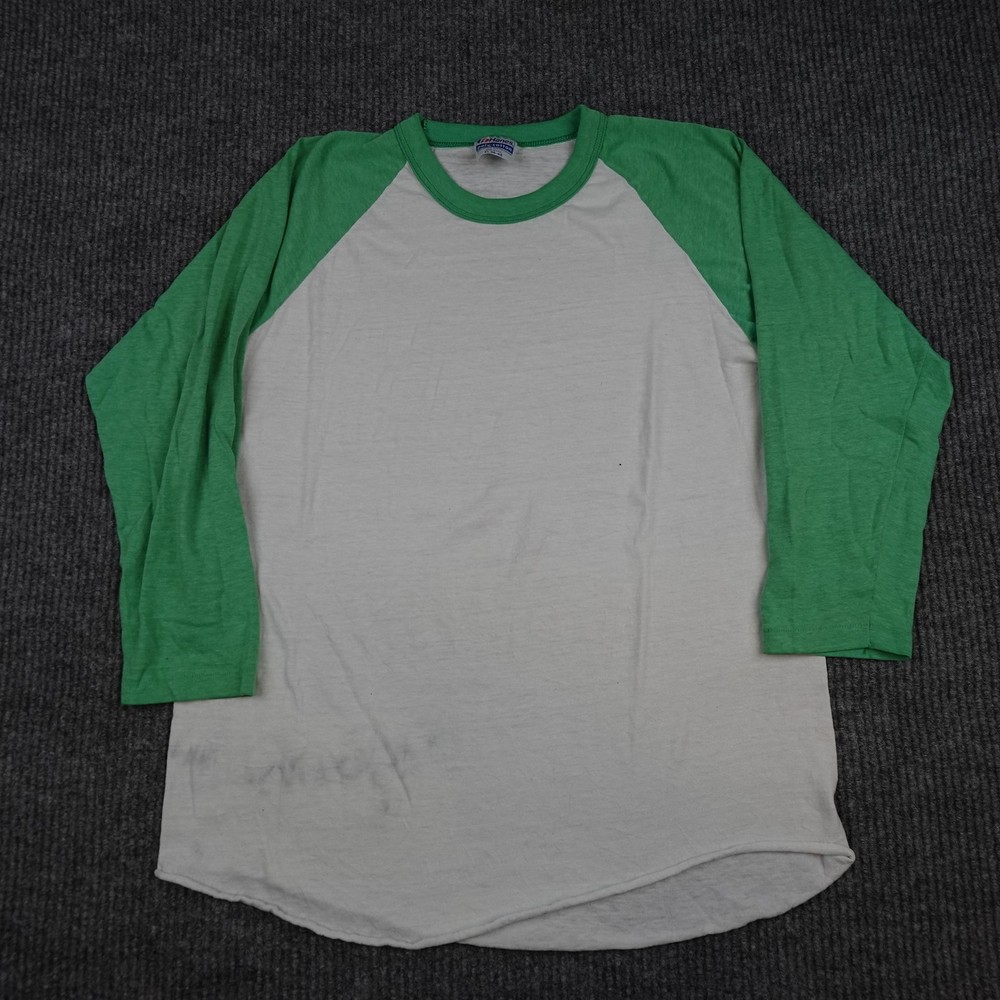 Vintage Paper Thin 80s Hanes Shirt Mens XL White Green 3/4 Sleeve Raglan