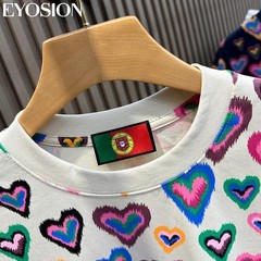 Men Heart Print Short Sleeve T-Shirt Casual Retro Round Neck Summer Cotton Tee