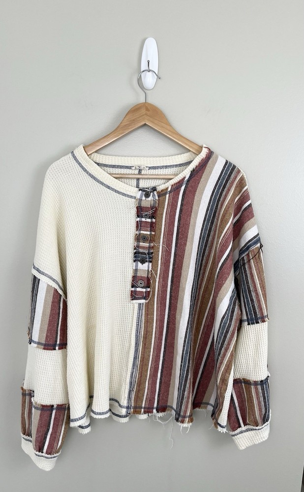POL Mens Sz M Oversized Henley Tan waffle Knit Mixed Striped Fabric (flaw)